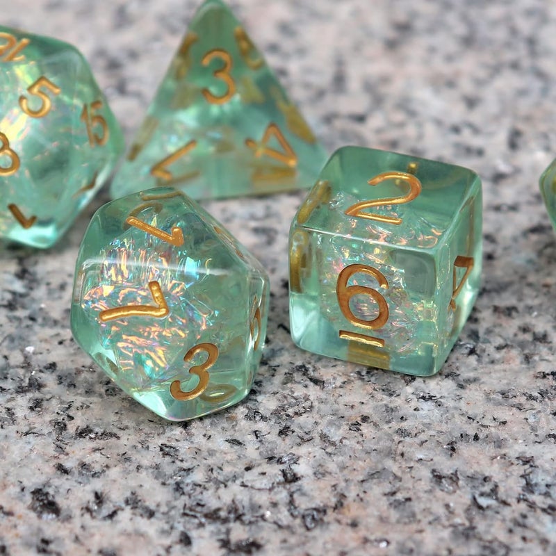 Haxtec Light Green DND Dice Set 7PCS Filled Resin Polyhedral D&D Dice W/Iridescent Mylar Inclusion for Roleplaying Games Compatible with Dungeons and Dragons Gift - Image 3
